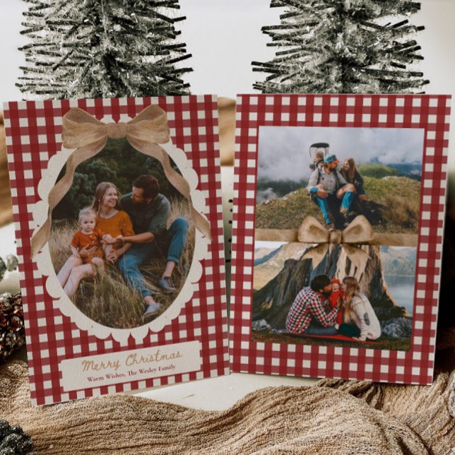 Tarjeta de Navidad con foto de lazo de gingham roj (Subido por el creador)