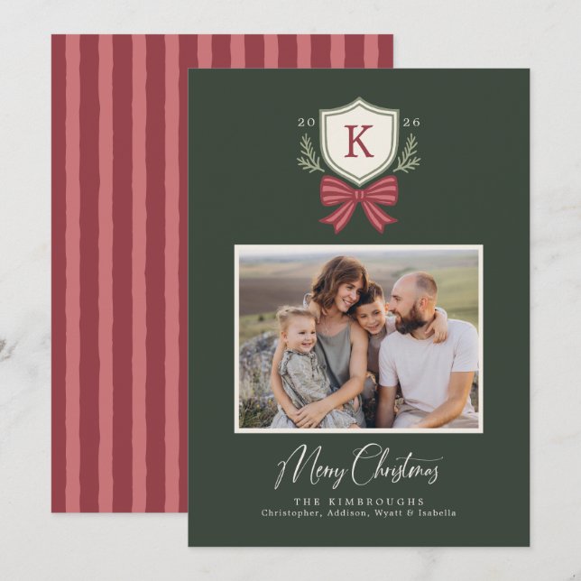 Tarjeta de Navidad con foto de lazo rayado con esc (Anverso / Reverso)