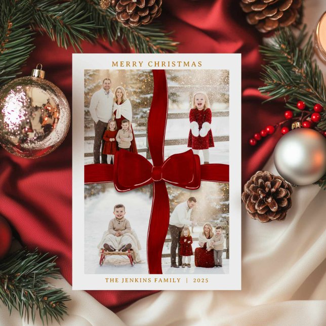 Tarjeta de Navidad con Foto de Lazo Rojo Elegante (Red Bow Christmas Photo Collage Card)