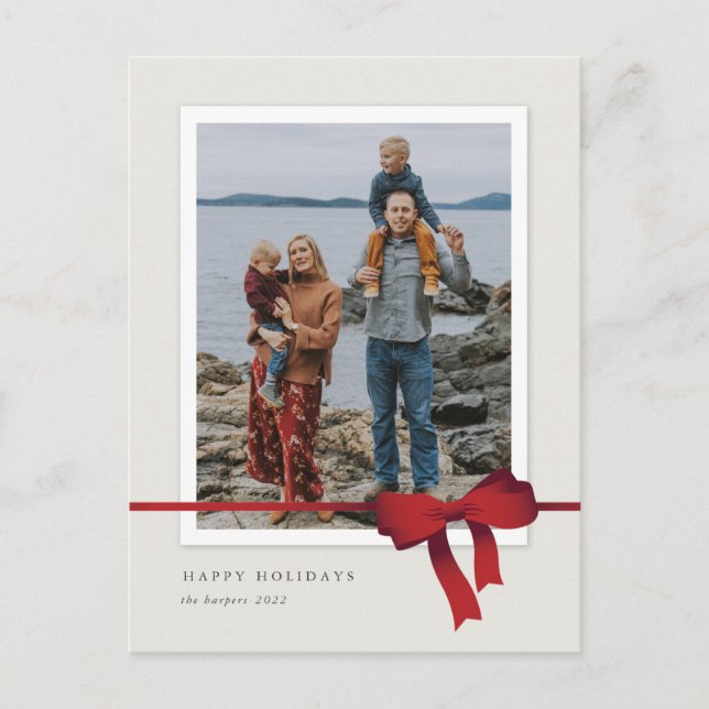 Tarjeta de Navidad con Foto de Lazo Rojo Simple (Anverso)