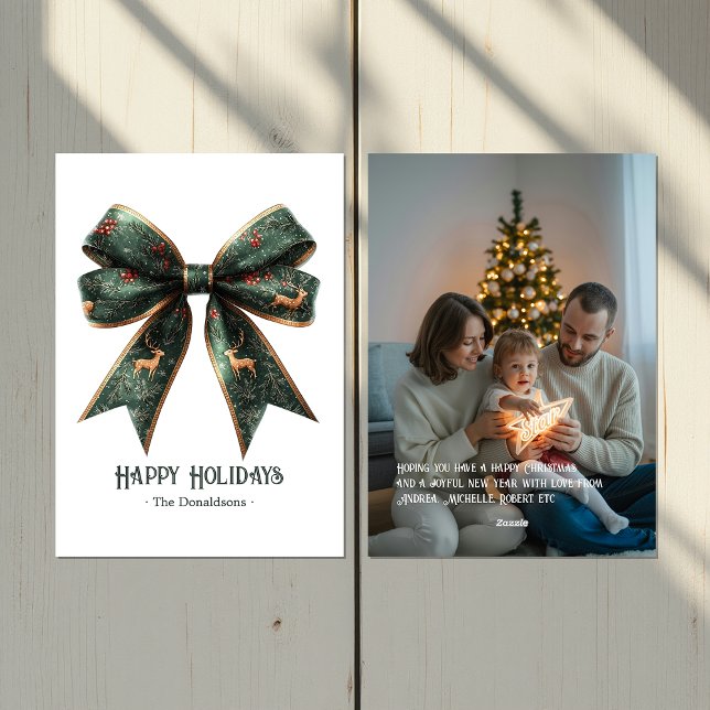 Tarjeta de Navidad con Foto de Lazo Verde Elegante (Elegant Green Bow Holiday Photo Holiday Card)