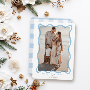 Tarjeta de Navidad con Foto de Marco Ondulado Azul