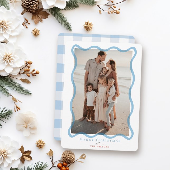 Tarjeta de Navidad con Foto de Marco Ondulado Azul (Subido por el creador)