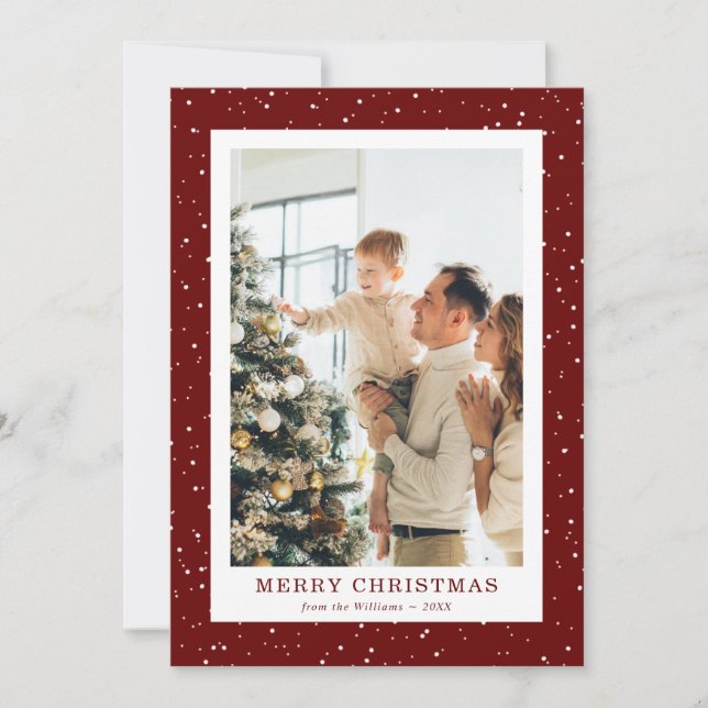 Tarjeta de Navidad con Foto de Nieve Roja Moderna (Anverso)