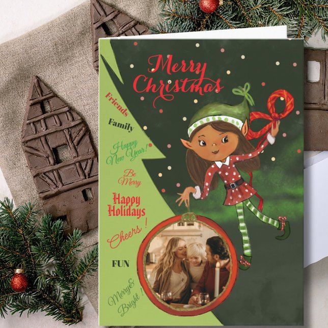 Tarjeta de Navidad con Foto de Niña Elfa Caprichos (Whimsical Elf Girl Photo Christmas Card  Green)