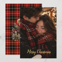 Tarjeta de Navidad con foto de pareja a cuadros ro