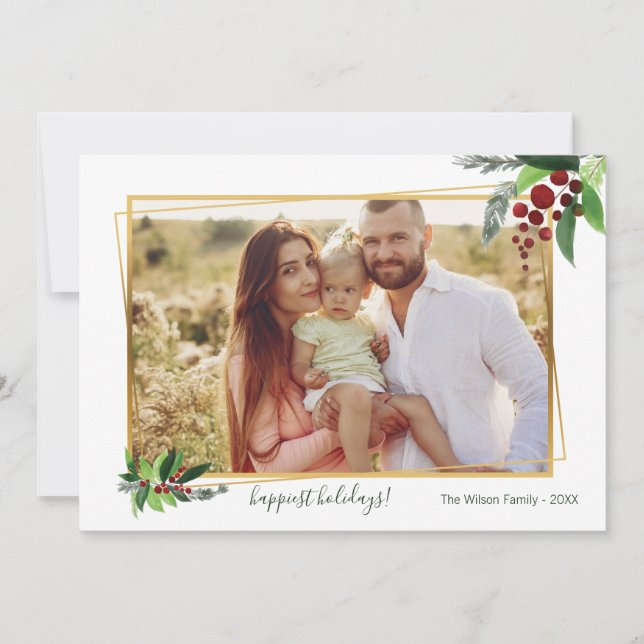 Tarjeta de Navidad con Foto de Ramas de Acebo (Anverso)