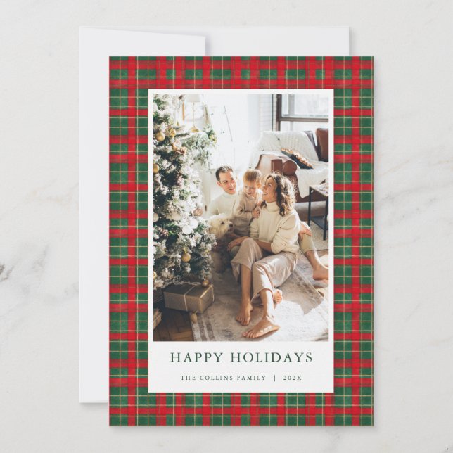 Tarjeta de Navidad con Foto de Tartán Rojo y Verde (Anverso)