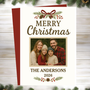 Tarjeta de Navidad con foto de verde con lazo rojo