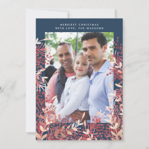 Tarjeta de Navidad con Foto en Marco de Bayas Navy