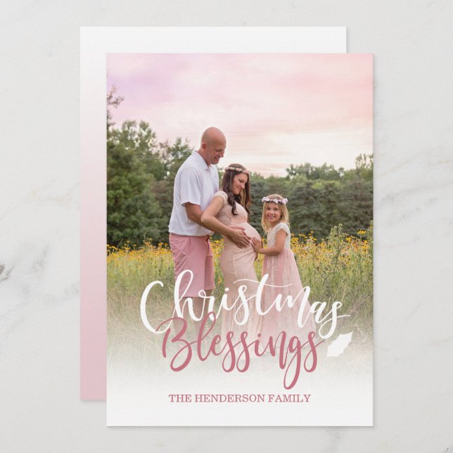 Tarjeta de Navidad con foto en rosa malva y blanco (Anverso / Reverso)