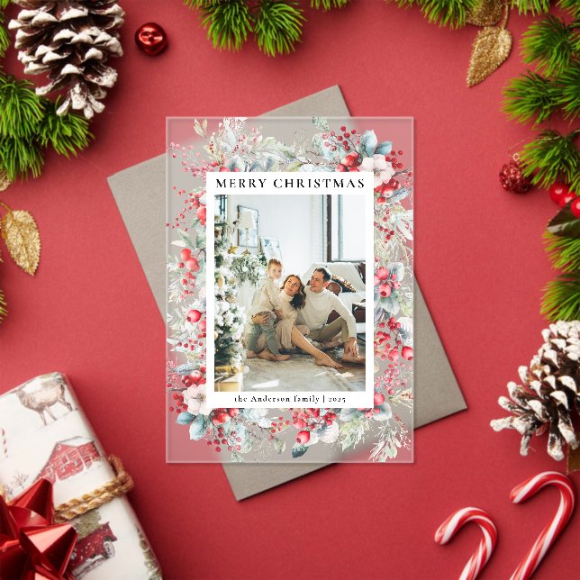 Tarjeta de Navidad con Foto Familiar de Bayas Roja (Insitu (Vacaciones))