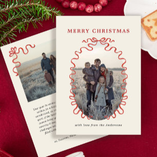 Tarjeta de Navidad con foto familiar de cinta roja