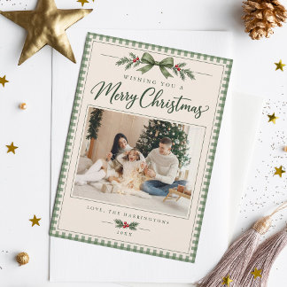Tarjeta de Navidad con Foto Familiar de Gingham Ve