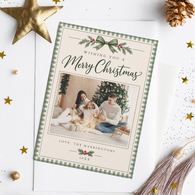 Tarjeta de Navidad con Foto Familiar de Gingham Ve (Subido por el creador)