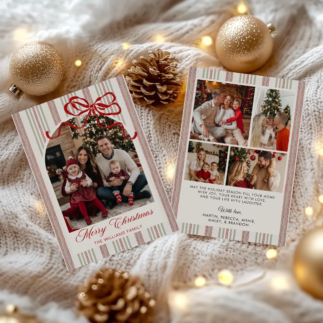 Tarjeta de Navidad con foto familiar de lazo rojo (Subido por el creador)