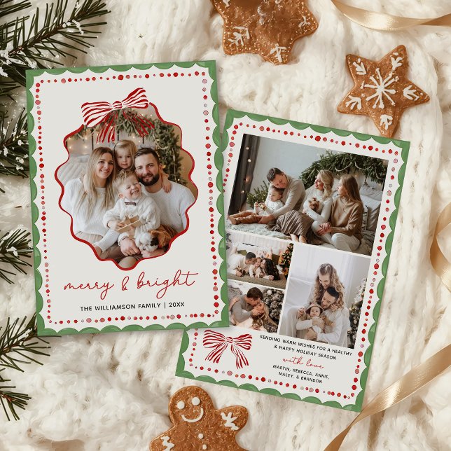 Tarjeta de Navidad con foto familiar de lazo rojo (Subido por el creador)