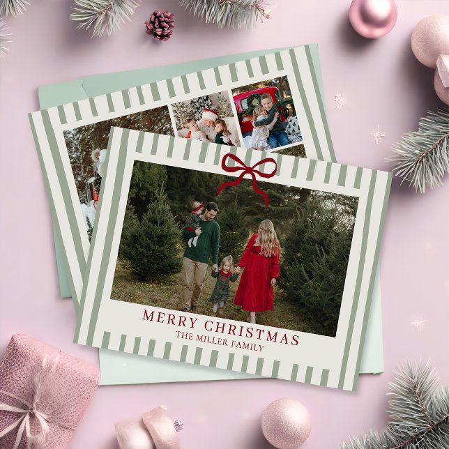 Tarjeta de Navidad con foto familiar Sage Stripe (Subido por el creador)