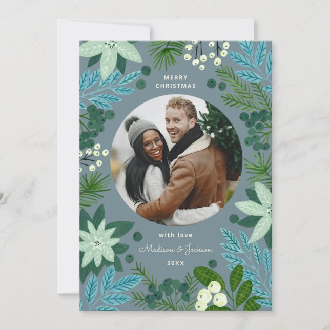 Tarjeta de Navidad con Foto Floral Azul (Anverso)