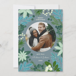 Tarjeta de Navidad con Foto Floral Azul