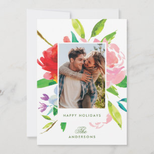 Tarjeta de Navidad con Foto Floral Brillante y Her