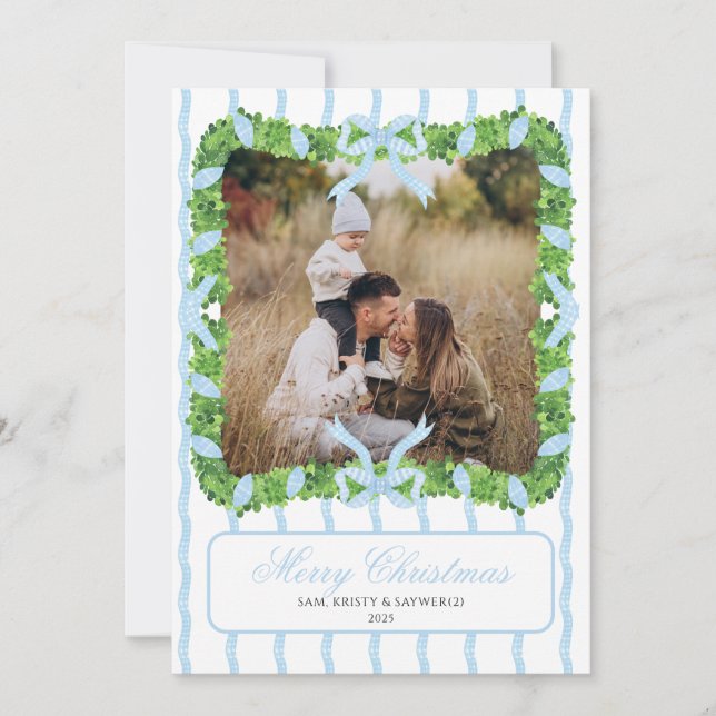 Tarjeta de Navidad con Foto Grandmillennial Azul (Anverso)