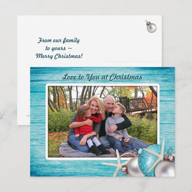 Tarjeta de Navidad con foto personalizada azul mar (Anverso / Reverso)
