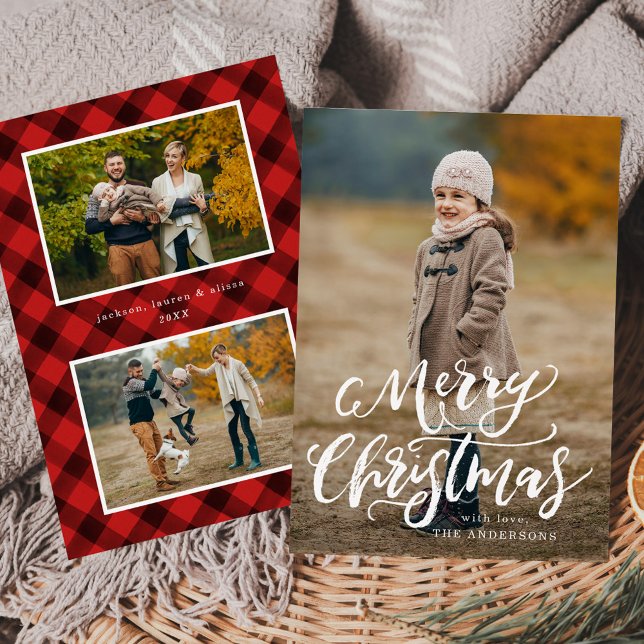 Tarjeta de Navidad con Foto Plaid Rojo Brush Scrip (Subido por el creador)