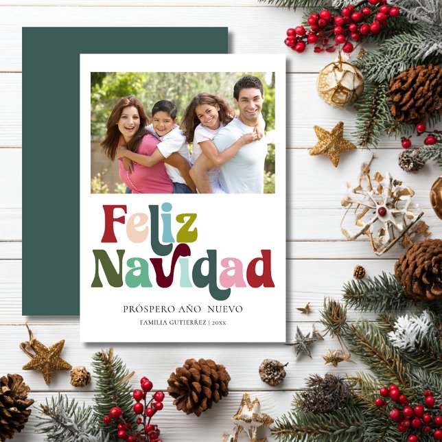 Tarjeta de Navidad con Foto Retro de Feliz Navidad (Simple Retro Feliz Navidad Photo Green Holiday Card
)