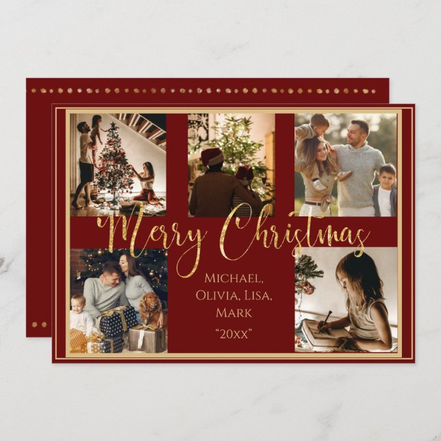 Tarjeta de Navidad con Foto Roja y Letra Dorada (Anverso / Reverso)