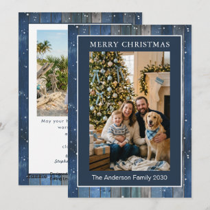 Tarjeta de Navidad con Foto Rustica de Madera Azul