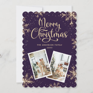 Tarjeta de Navidad con Foto Violet Snowflakes 2