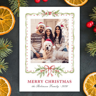 Tarjeta de Navidad con Foto y Lazo de Acebo Acuare