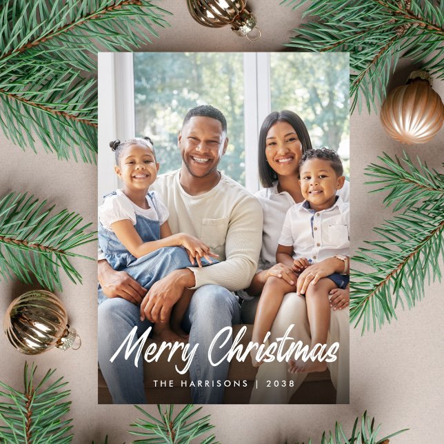Tarjeta de Navidad con Foto y Letra (Merry Christmas Script Photo Holiday Card)