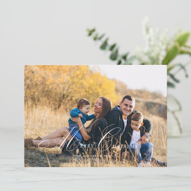 Tarjeta de Navidad con foto y letra caligráfica (Anverso de pie)