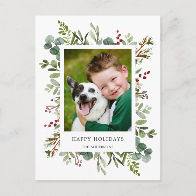 Tarjeta de Navidad con Foto y Verdor con Bayas Roj (Anverso)