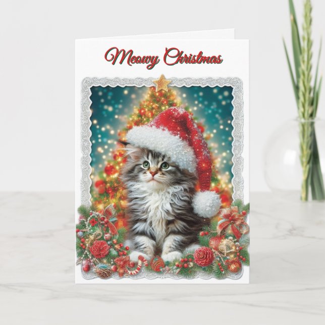 Tarjeta de Navidad con gatito adorable Meowy (Anverso)