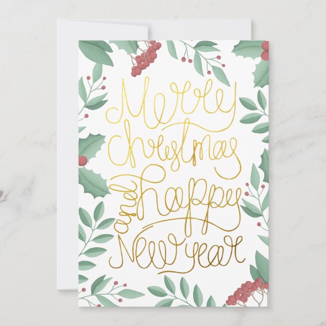 Tarjeta de Navidad con guión dorado de Gouache flo (Anverso)