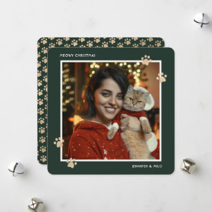 Tarjeta de Navidad con Huellas de Gato Doradas y V