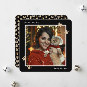 Tarjeta de Navidad con Huellas de Gato en Oro Negr