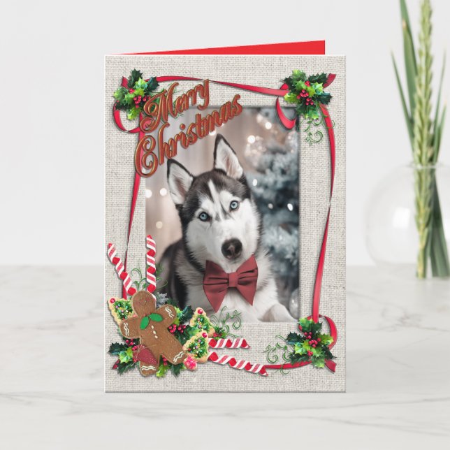 Tarjeta de Navidad con Huskie doblada (Anverso)