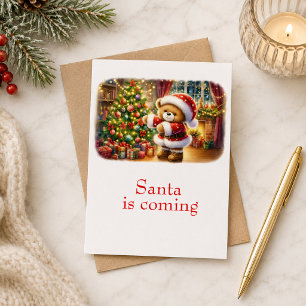 Tarjeta de Navidad con imagen de osito y árbol 