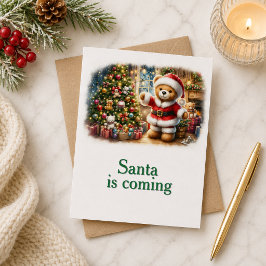 Tarjeta de Navidad con imagen de osito y árbol 