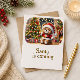 Tarjeta de Navidad con imagen de osito y árbol 