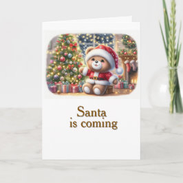 Tarjeta de Navidad con imagen de osito y árbol 