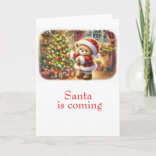 Tarjeta de Navidad con imagen de osito y árbol 