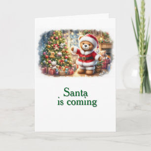 Tarjeta de Navidad con imagen de osito y árbol 