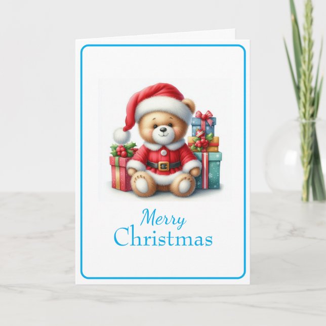 Tarjeta de Navidad con imagen de osito y regalos (Anverso)