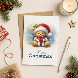 Tarjeta de Navidad con imagen de osito y regalos