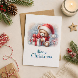 Tarjeta de Navidad con imagen de osito y regalos